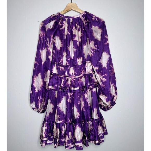 Ulla Johnson Emery Tie-Dyed Ruffle Trim Silk Mini Dress Purple/White Size 0 - Picture 9 of 10